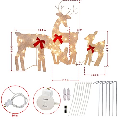 Twinkle Star 3 Pack Tinsel Reindeer Family Lighted 2D Deer Christmas Decor, with Clear 60 Count Lights, Light Up Buck, Doe and Fawn Indoor or Outdoor Yard Lawn Festive Holiday Decoration - Twinkle Star