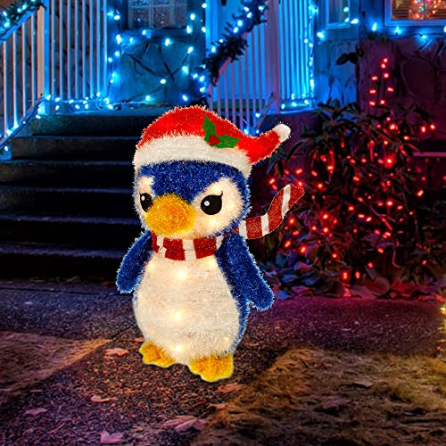 Twinkle Star Lighted Christmas Tinsel Penguin Decorations, 20 Inch Pre-Lit Light Up Blue Penguin with 35 Count Clear Incandescent Lights, Indoor or Outdoor Yard Lawn Festive Holiday Decoratio - Twinkle Star