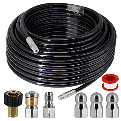 Twinkle Star Sewer Jetter Kit for Pressure Washer -100 ft Hose, 1/4 Inch NPT, Drain Cleaning Hose, Button Nose & Rotating Sewer Jetting Nozzle, Orifice 4.0, 4.5, 5.5, 4000 PSI - Twinkle Star