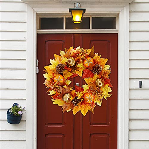 Twinkle Star 16" Fall Wreath, Autumn Harvest Wreath, Pumpkins and Artificial Maple Leaves, Pine Cone and Berries, for Front Door Wall Indoor Outdoor Halloween Thanksgiving Decorations - Twinkle Star