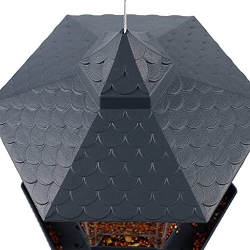 Twinkle Star Wild Bird Feeder Hanging for Garden Yard Outside Decoration, Panorama Gazebo Birdfeeder, Hexagon Shaped with Roof, Grey - Twinkle Star