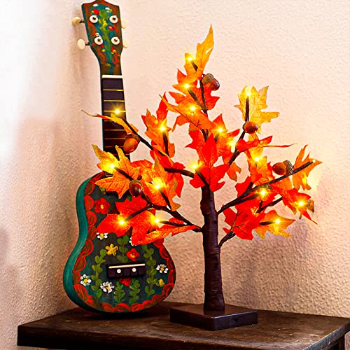 Twinkle Star 24 LED Tabletop Lighted Maple Tree Battery Operated, Thanksgiving Table Decoration Lights, Maple Leaves and Acorn Autumn Tree for Indoor Home Bedroom Fall Decorations - Twinkle Star