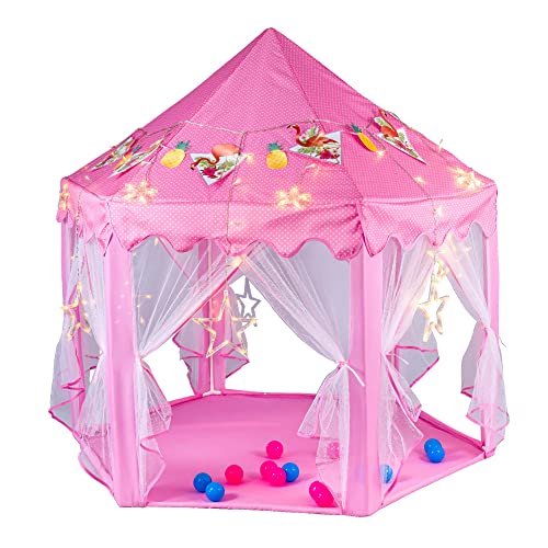 Twinkle Star 55"x 53" Princess Castle Play Tent for Girls Playhouse with 138 LED Star String Lights and Banners Decor, Kids Game House for Indoor Outdoor Game(Pink) - Twinkle Star