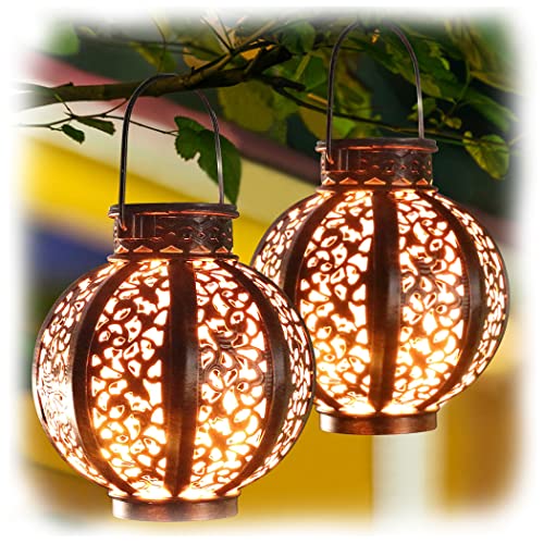 MAGGIFT 2 Pack Hanging Solar Lights,Outdoor Ramadan Solar Lanterns Decorations,Waterproof Hanging Solar Light 6 Lumens,Brown - Twinkle Star