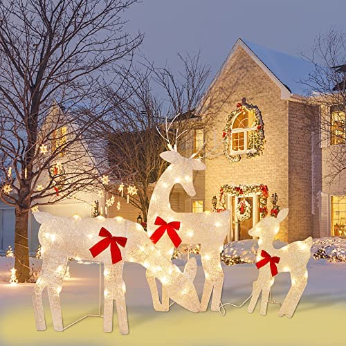 Twinkle Star 3 Pack Tinsel Reindeer Family Lighted 2D Deer Christmas Decor, with Clear 60 Count Lights, Light Up Buck, Doe and Fawn Indoor or Outdoor Yard Lawn Festive Holiday Decoration - Twinkle Star