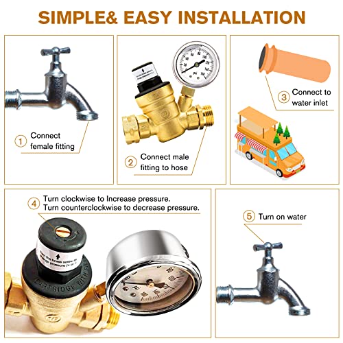 Twinkle Star RV Water Pressure Regulator Valve with Gauge and Inlet Screened Filter for Camper Travel Trailer - Twinkle Star