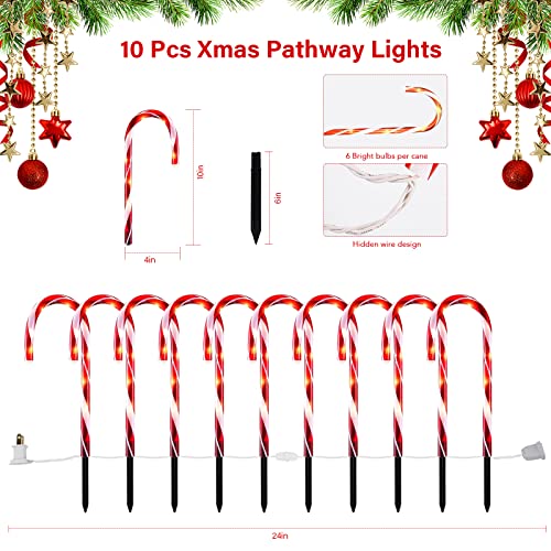 Twinkle Star Christmas Candy Cane Lights, 10 Pcs Christmas Pathway Markers with 60 Count Incandescent Warm White Fairy Lights for Outdoor Holiday Walkway Patio Garden Christmas Decorations - Twinkle Star