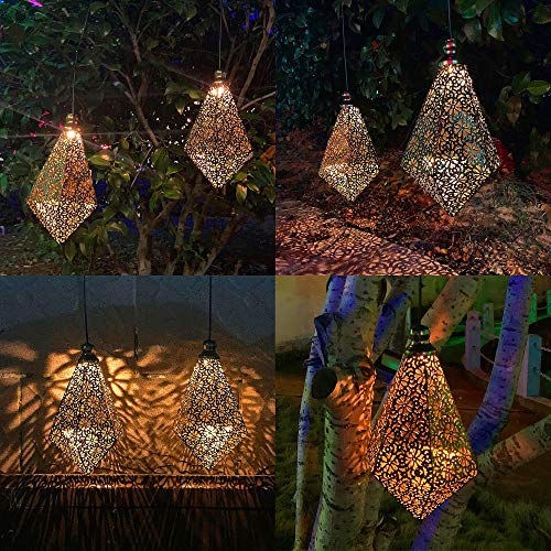 MAGGIFT 2 Pack Solar Hanging Lights, Solar Powered Retro Lantern with Handle, Warm White LED Christmas Garden Lights, Metal Diamond Shape Lamp Waterproof for Outdoor for Yard Tree Fence Patio - Twinkle Star