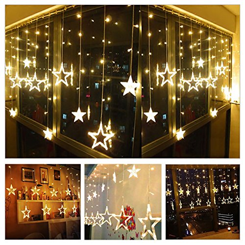 Twinkle Star 12 Stars 138 LED Curtain String Lights, Window Curtain Lights with 8 Flashing Modes Ramadan Decoration for Christmas, Wedding, Party, Home Decorations (Warm White) - Twinkle Star