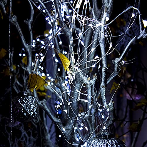 Twinkle Star Christmas Fairy Lights Battery Operated, 33ft 100 LED Waterproof Silver Wire String Light, Remote Control & 8 Modes Indoor Outdoor Xmas Tree Wedding Party Decorations, White, 1 P - Twinkle Star