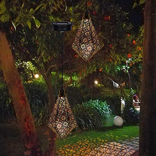 MAGGIFT 2 Pack Solar Hanging Lights, Solar Powered Retro Lantern with Handle, Warm White LED Christmas Garden Lights, Metal Diamond Shape Lamp Waterproof for Outdoor for Yard Tree Fence Patio - Twinkle Star