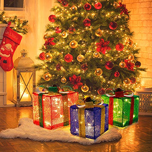 Twinkle Star Set of 3 Christmas Lighted Pop Up Gift Boxes Decorations, Tinsel Present Box, Pre-lit 60 LED Light Up Tree Skirt Ornament, Indoor Outdoor Red Green & Blue for Holiday Party Xmas  - Twinkle Star