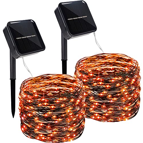 Twinkle Star 2 Pack Outdoor Solar String Lights, 39.4 FT 120 LED Solar Powered Decorative Fairy Lights with 8 Modes, Waterproof Black Wire Light for Thanksgiving Patio Yard Trees Party, Orang - Twinkle Star