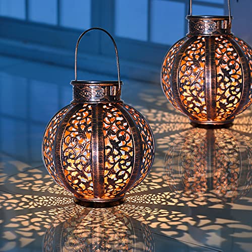 MAGGIFT 2 Pack Hanging Solar Lights,Outdoor Ramadan Solar Lanterns Decorations,Waterproof Hanging Solar Light 6 Lumens,Brown - Twinkle Star