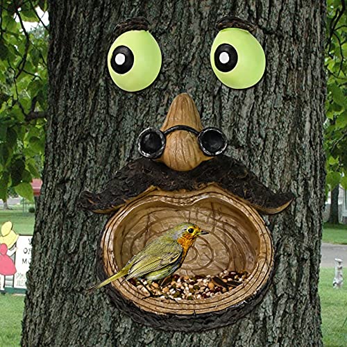 ALLADINBOX Tree Face Birdfeeder - Old Man with Glowing Eyes and Glasses in Dark Outdoor Tree Hugger Sculpture - Whimsical Garden Decoration and Wild Birdfeeder Yard Art - Twinkle Star