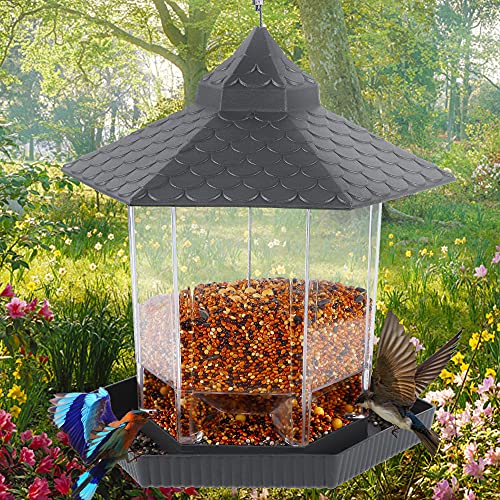 Twinkle Star Wild Bird Feeder Hanging for Garden Yard Outside Decoration, Panorama Gazebo Birdfeeder, Hexagon Shaped with Roof, Grey - Twinkle Star