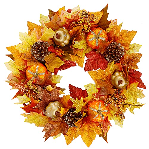 Twinkle Star 16" Fall Wreath, Autumn Harvest Wreath, Pumpkins and Artificial Maple Leaves, Pine Cone and Berries, for Front Door Wall Indoor Outdoor Halloween Thanksgiving Decorations - Twinkle Star