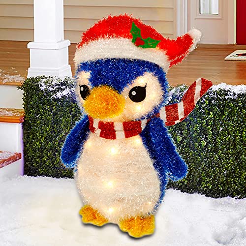 Twinkle Star Lighted Christmas Tinsel Penguin Decorations, 20 Inch Pre-Lit Light Up Blue Penguin with 35 Count Clear Incandescent Lights, Indoor or Outdoor Yard Lawn Festive Holiday Decoratio - Twinkle Star