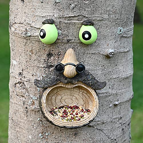 ALLADINBOX Tree Face Birdfeeder - Old Man with Glowing Eyes and Glasses in Dark Outdoor Tree Hugger Sculpture - Whimsical Garden Decoration and Wild Birdfeeder Yard Art - Twinkle Star