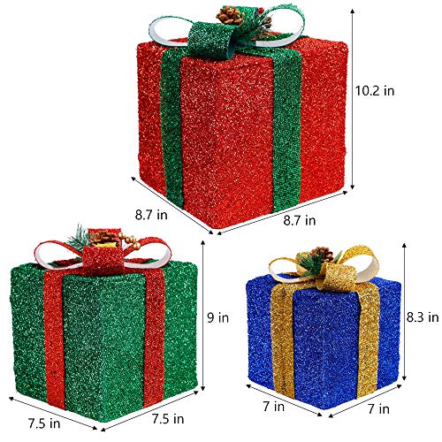 Twinkle Star Set of 3 Christmas Lighted Pop Up Gift Boxes Decorations, Tinsel Present Box, Pre-lit 60 LED Light Up Tree Skirt Ornament, Indoor Outdoor Red Green & Blue for Holiday Party Xmas  - Twinkle Star