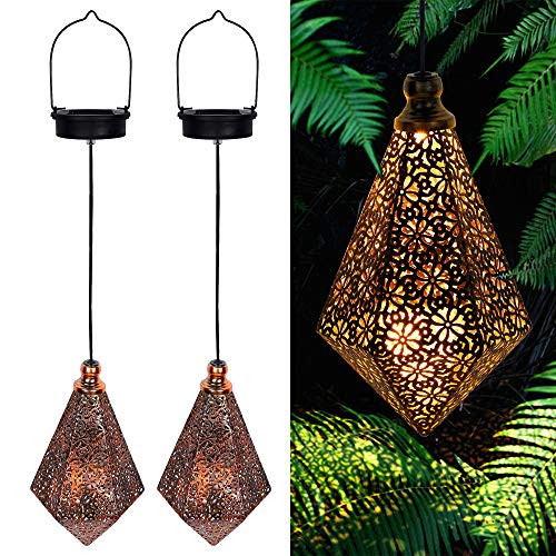 MAGGIFT 2 Pack Solar Hanging Lights, Solar Powered Retro Lantern with Handle, Warm White LED Christmas Garden Lights, Metal Diamond Shape Lamp Waterproof for Outdoor for Yard Tree Fence Patio - Twinkle Star