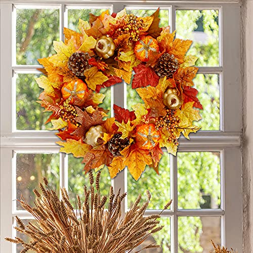 Twinkle Star 16" Fall Wreath, Autumn Harvest Wreath, Pumpkins and Artificial Maple Leaves, Pine Cone and Berries, for Front Door Wall Indoor Outdoor Halloween Thanksgiving Decorations - Twinkle Star