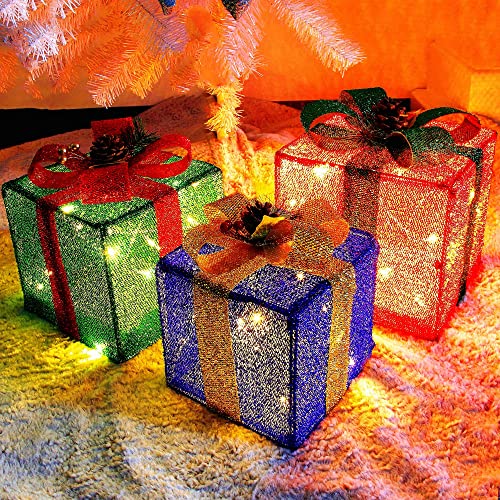 Twinkle Star Set of 3 Christmas Lighted Pop Up Gift Boxes Decorations, Tinsel Present Box, Pre-lit 60 LED Light Up Tree Skirt Ornament, Indoor Outdoor Red Green & Blue for Holiday Party Xmas  - Twinkle Star