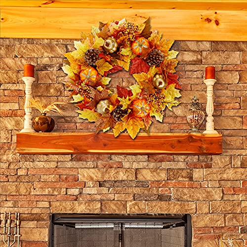 Twinkle Star 16" Fall Wreath, Autumn Harvest Wreath, Pumpkins and Artificial Maple Leaves, Pine Cone and Berries, for Front Door Wall Indoor Outdoor Halloween Thanksgiving Decorations - Twinkle Star