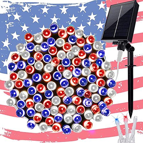 Twinkle Star Solar String Lights, 98FT 300 LED 8 Modes Solar Powered July 4th Patriotic White Wire Light Waterproof, Outdoor Indoor for Independence Day Garden Patio Yard Holiday Party, Red/B - Twinkle Star