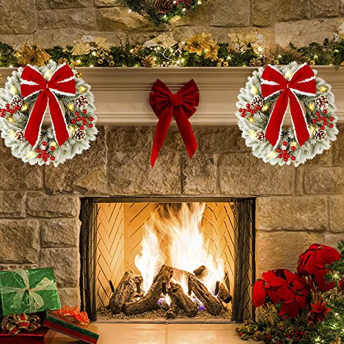 Twinkle Star 2 Pack Lighted Christmas Wreaths, 13 Inch Pre-lit Small Xmas Wreath with Large Red Bow, Pine Needle Wreath with LED Lights, for Front Door Holiday Wall Christmas Party Decoration - Twinkle Star