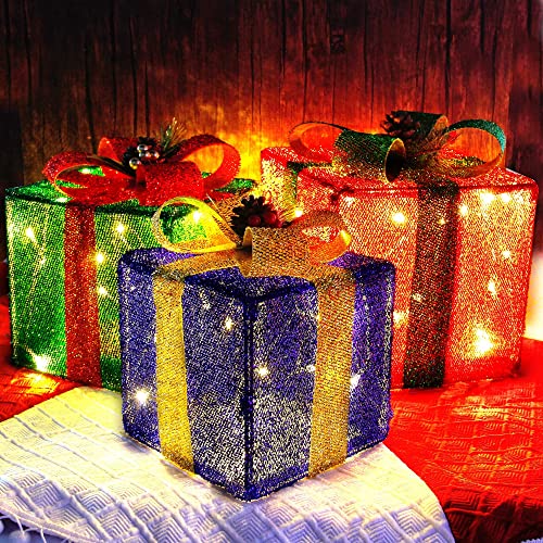 Twinkle Star Set of 3 Christmas Lighted Pop Up Gift Boxes Decorations, Tinsel Present Box, Pre-lit 60 LED Light Up Tree Skirt Ornament, Indoor Outdoor Red Green & Blue for Holiday Party Xmas  - Twinkle Star