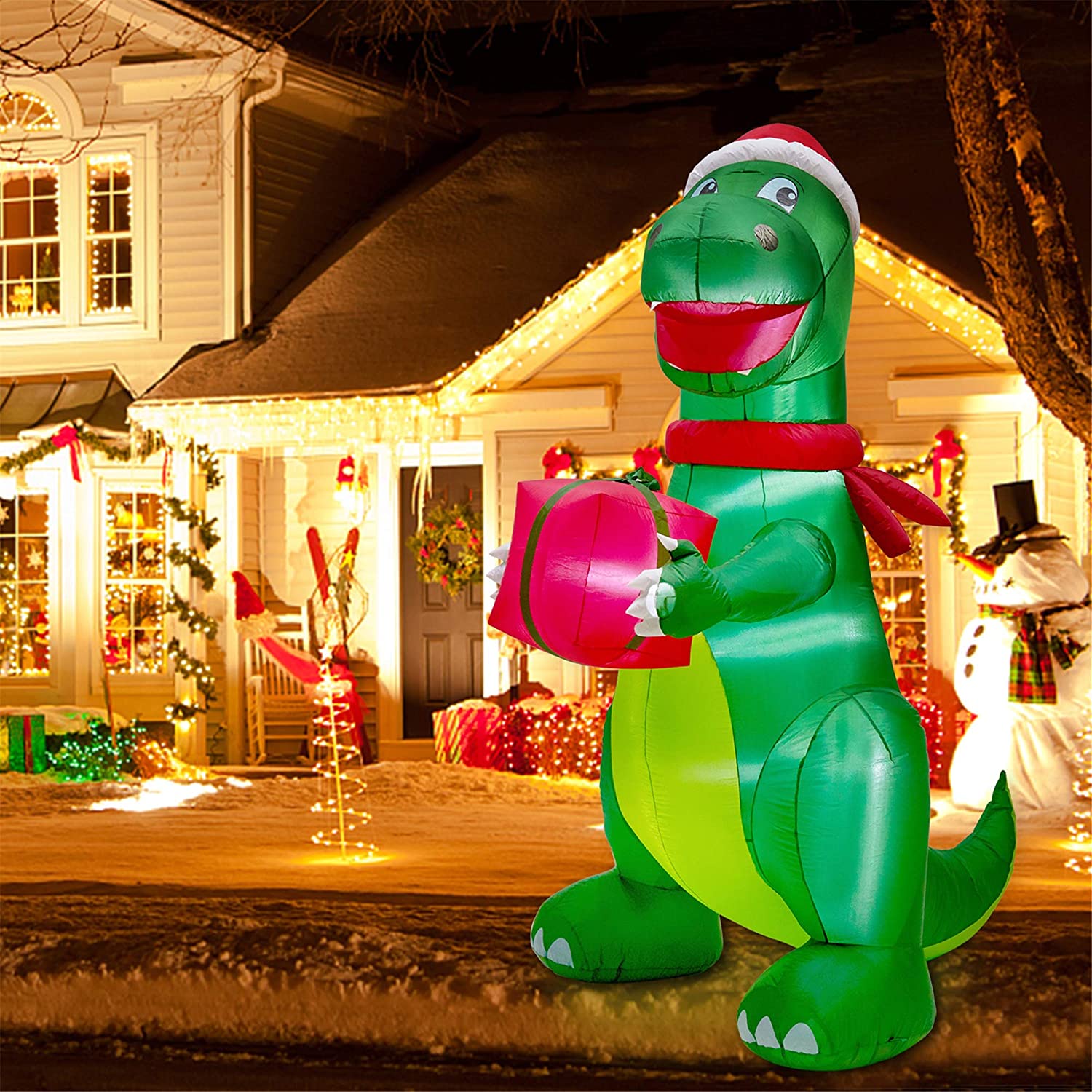 Twinkle Star Christmas 8FT Inflatables Lighted Green Dinosaur with Christmas Hat and Gift Box, Blow Up Indoor Outdoor Xmas Decor Lawn Yard Garden Decorations - Twinkle Star