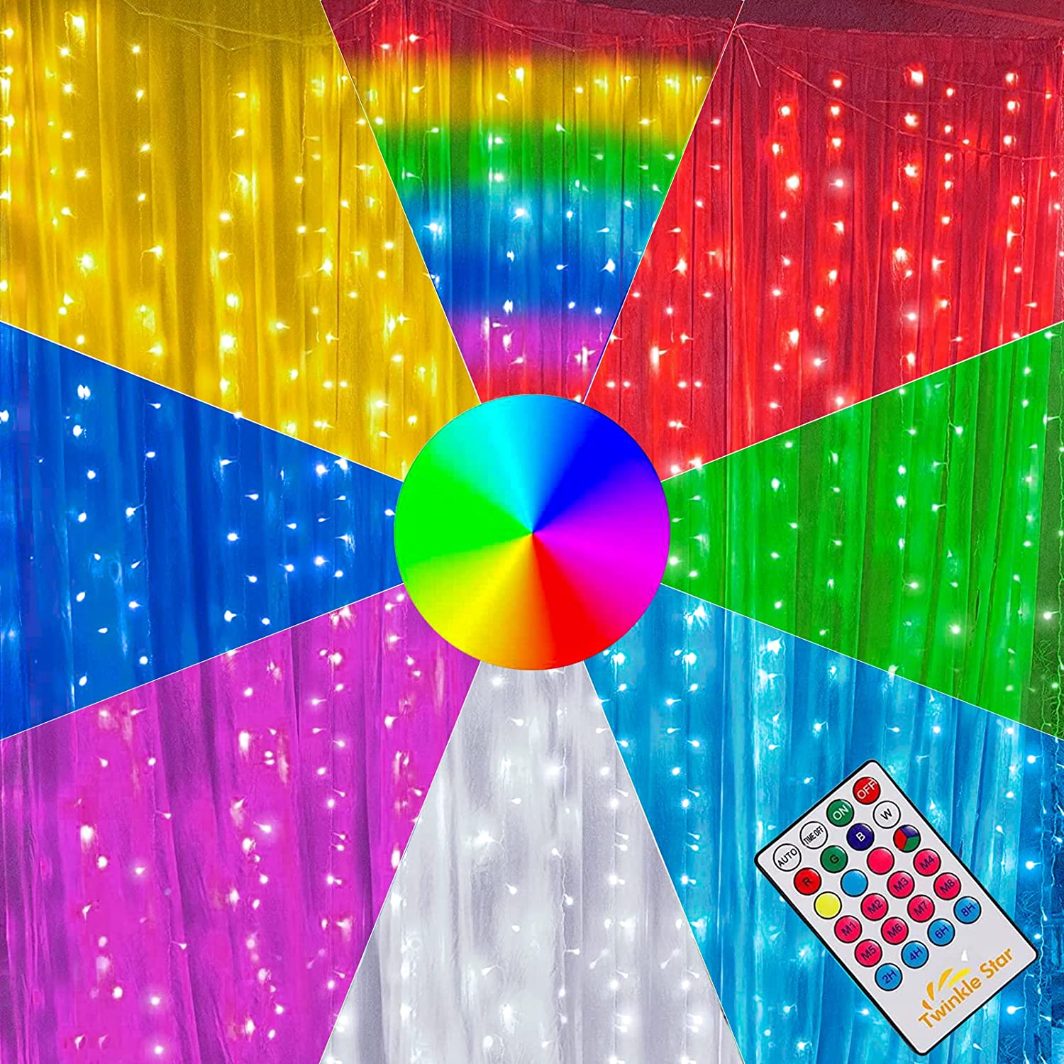 Twinkle Star 300 LED Window Curtain Lights, Christmas Rainbow RGB Color Changing 64 Functional Backdrop Light with Remote, Colorful Icicle String Light for Wedding, Party, Outdoor Indoor Deco - Twinkle Star