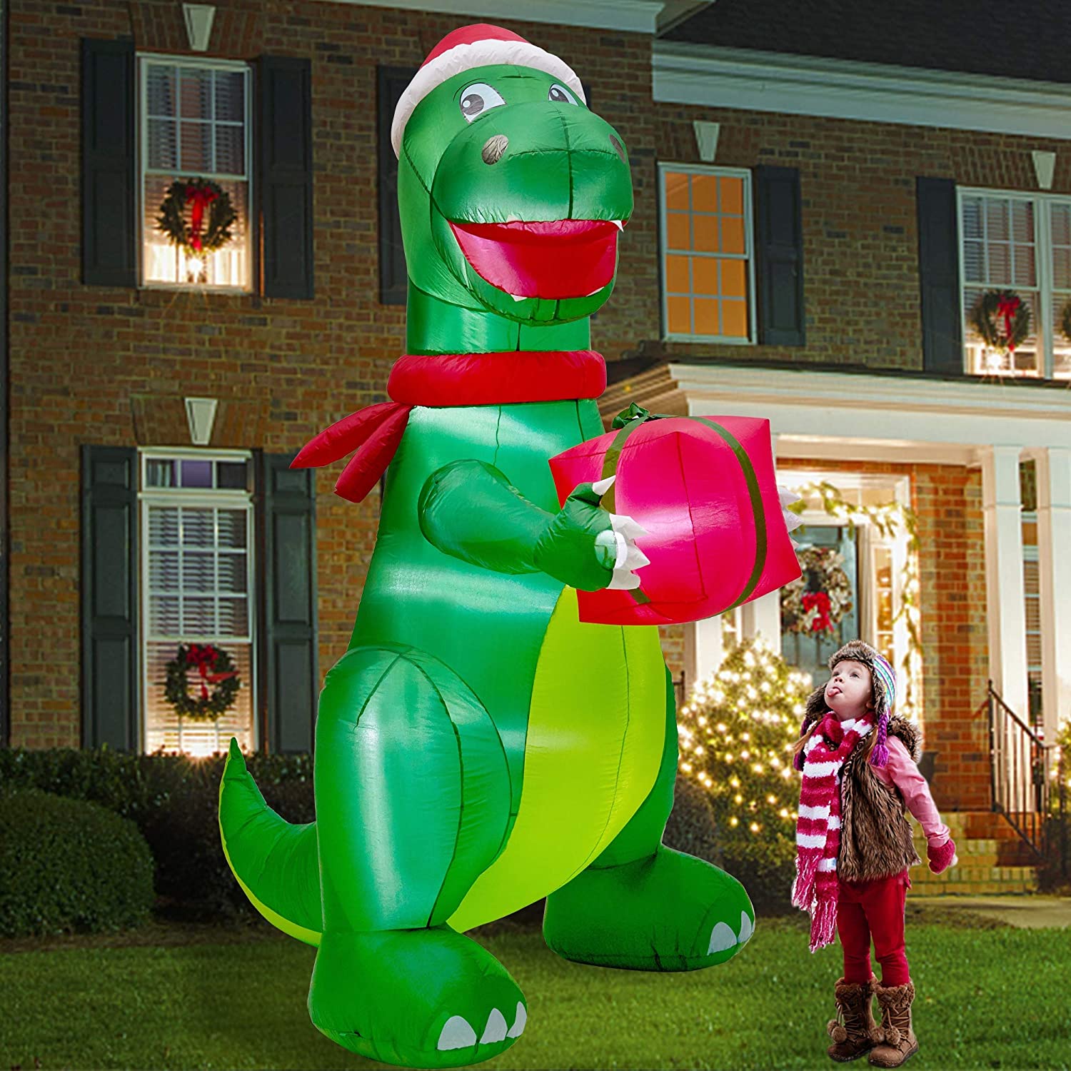 Twinkle Star Christmas 8FT Inflatables Lighted Green Dinosaur with Christmas Hat and Gift Box, Blow Up Indoor Outdoor Xmas Decor Lawn Yard Garden Decorations - Twinkle Star